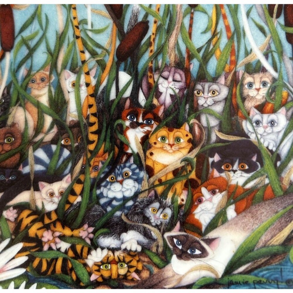 “Cattails” By Jamie Perry Collectible #1299A Porcelain Plate 24K Gold Trim Cat - Picture 3 of 5